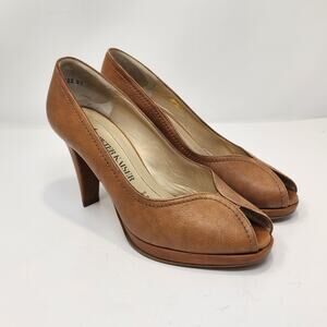 Peter Kaiser Brown Pebbled Leather Peep Toe Pumps Heels US Size 6 Slip On Shoes